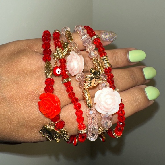 Elegant Red/Pink & Gold Bracelet Set With Roses, Elephant, and Evil Eye Charms - Picture 1 of 3